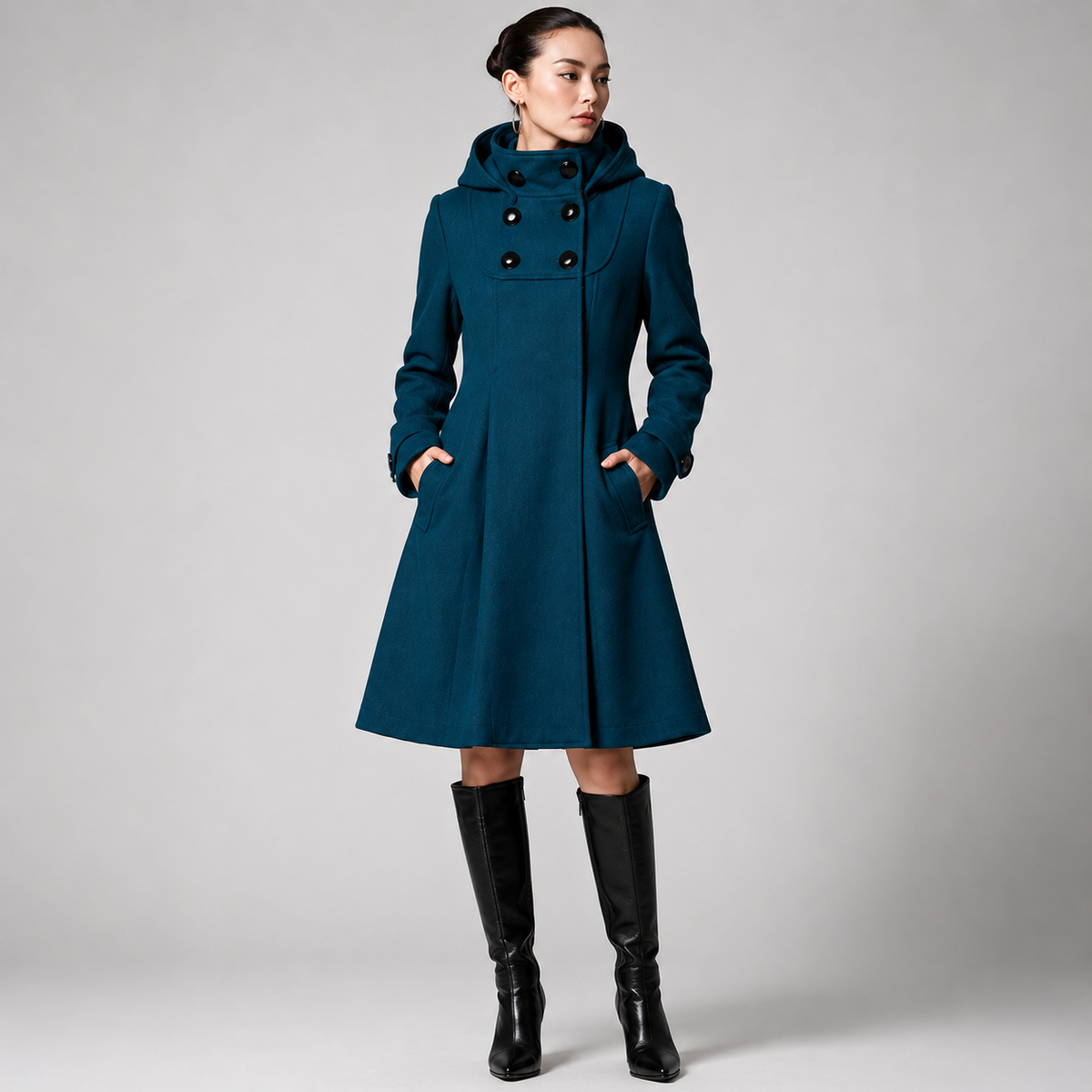 Beatrice wool blend a-line hooded coat - front view
