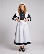 Women's long black maid costume dress with white ruffled apron and stand collar
