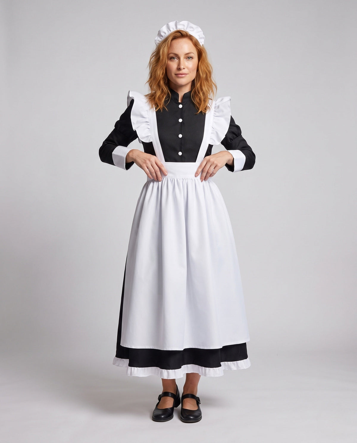 Women's long black maid costume dress with white ruffled apron and stand collar