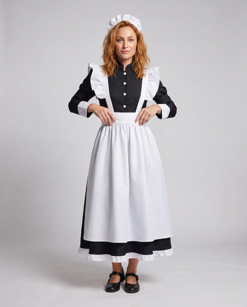 Women's long black maid costume dress with white ruffled apron and stand collar