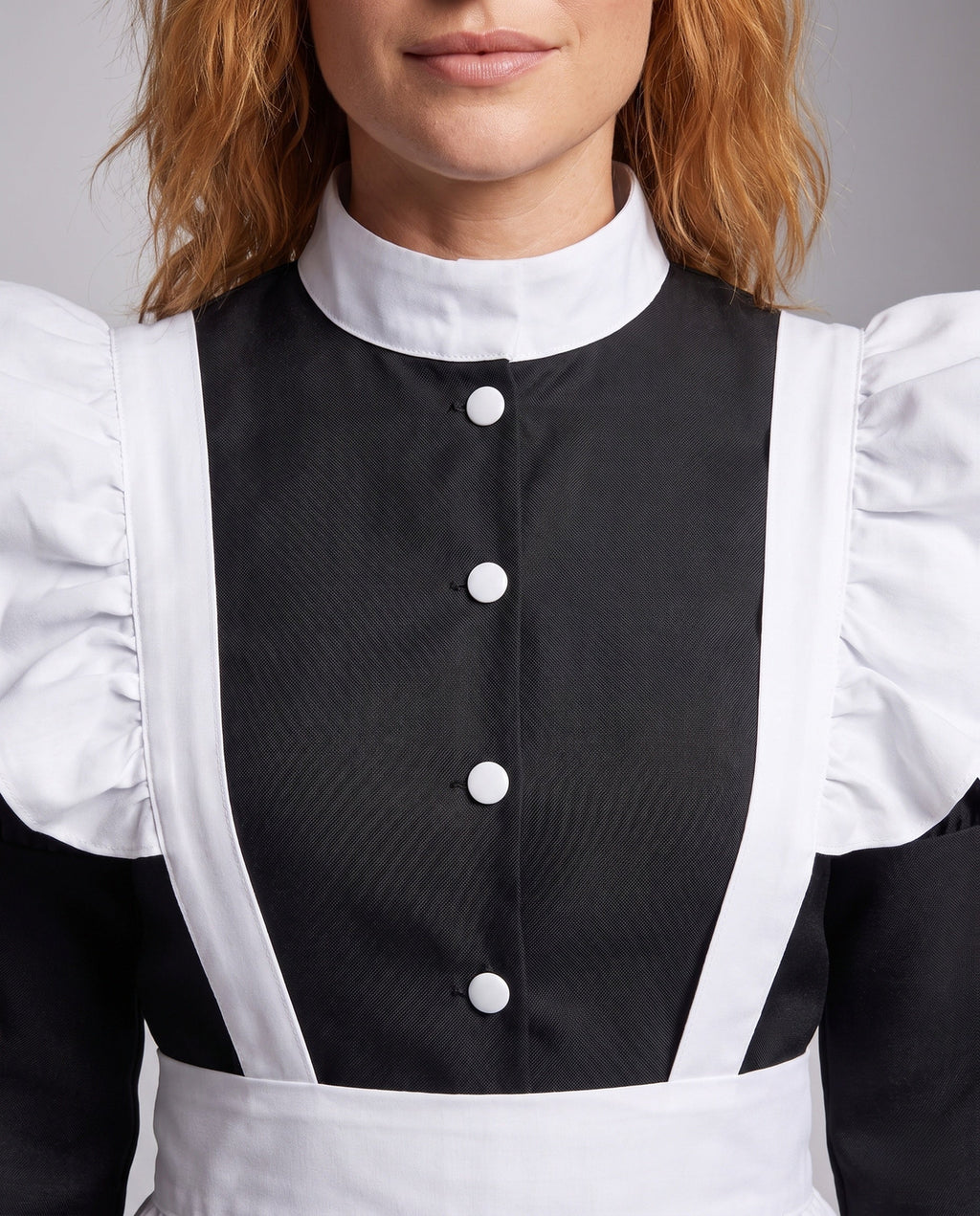 Women's long black maid costume dress with white ruffled apron and stand collar - view 2
