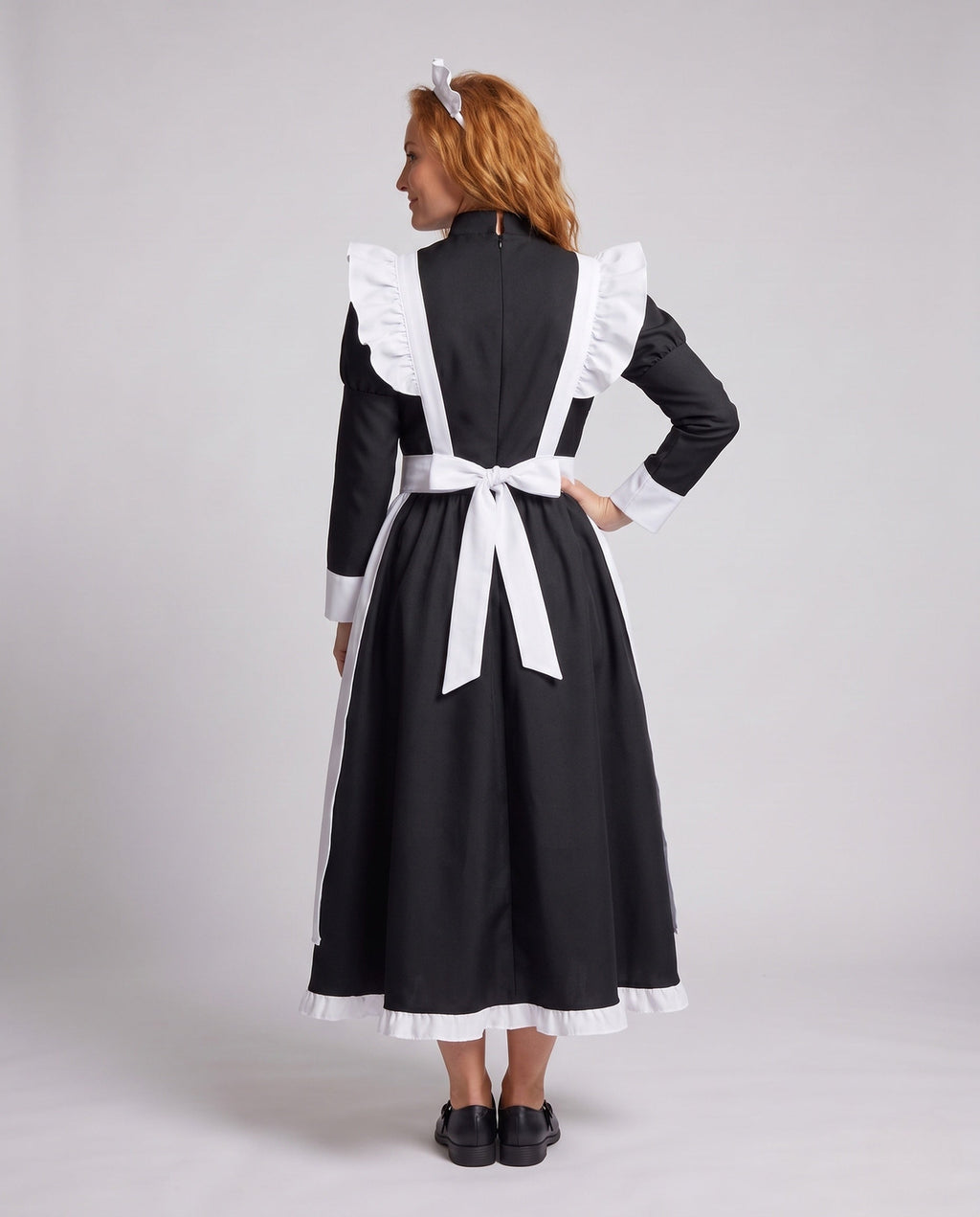 Women's long black maid costume dress with white ruffled apron and stand collar - view 3