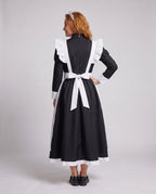Women's long black maid costume dress with white ruffled apron and stand collar - view 3