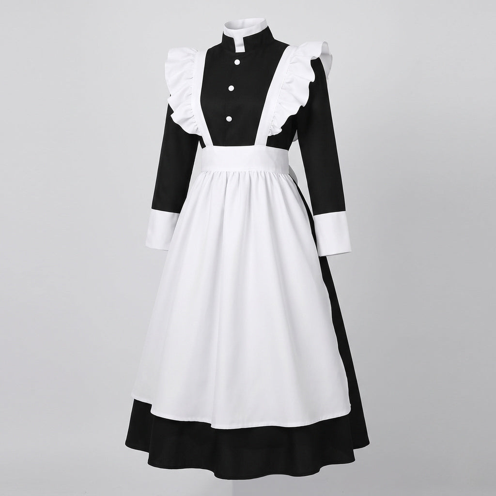 Women's long black maid costume dress with white ruffled apron and stand collar - view 4