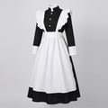 Women's long black maid costume dress with white ruffled apron and stand collar - view 4