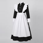 Women's long black maid costume dress with white ruffled apron and stand collar - view 4