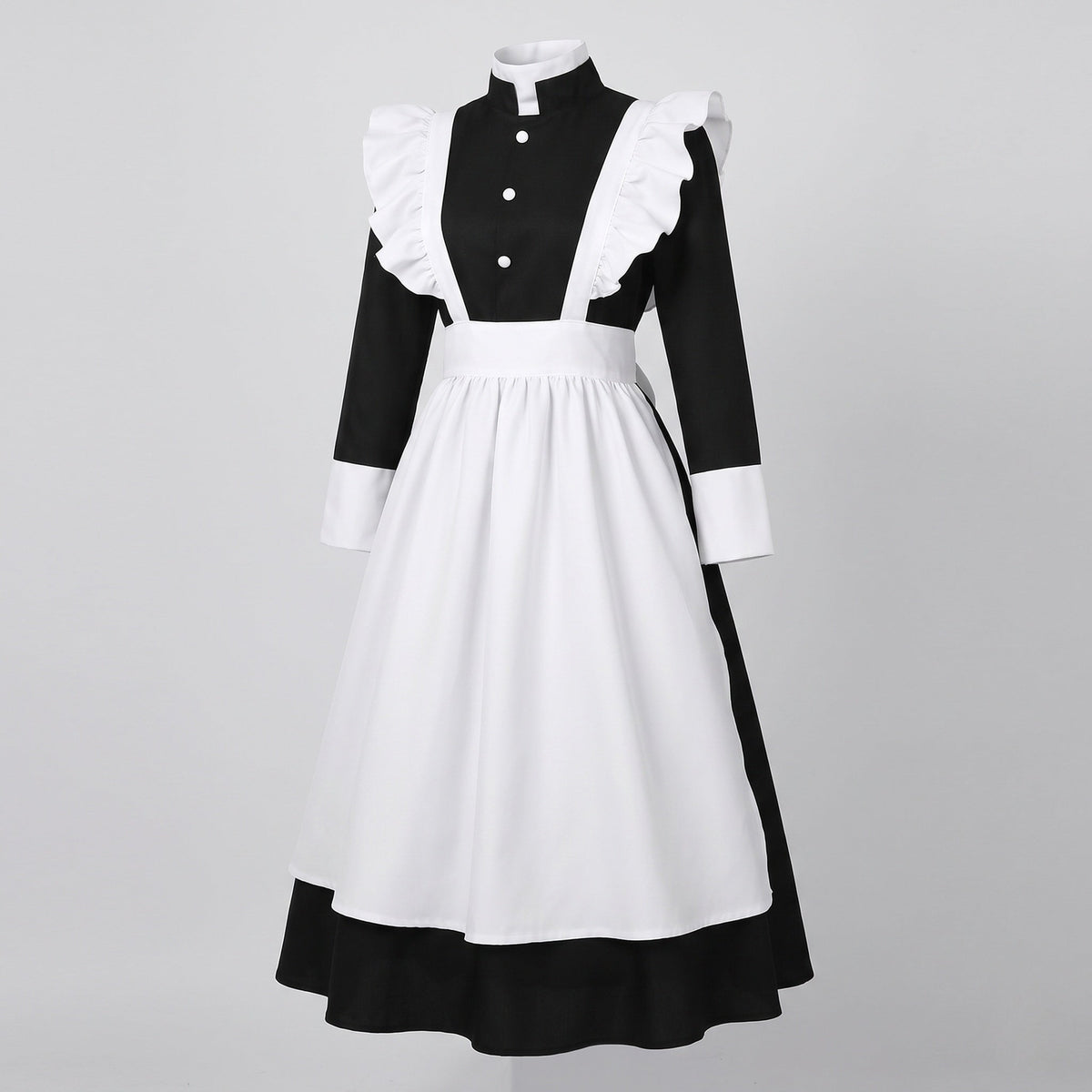 Women's long black maid costume dress with white ruffled apron and stand collar - view 4