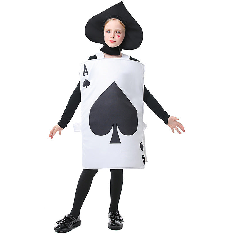 Kids Ace of Spades playing card Halloween costume with black spade on white tabard - view 2