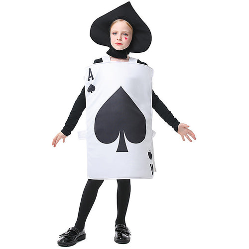 Kids Ace of Spades playing card Halloween costume with black spade on white tabard - view 2