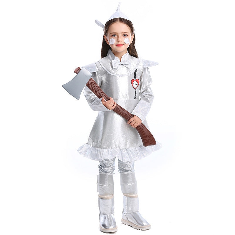 Girls silver woodsman Halloween costume dress with heart appliqué and ruffled hem