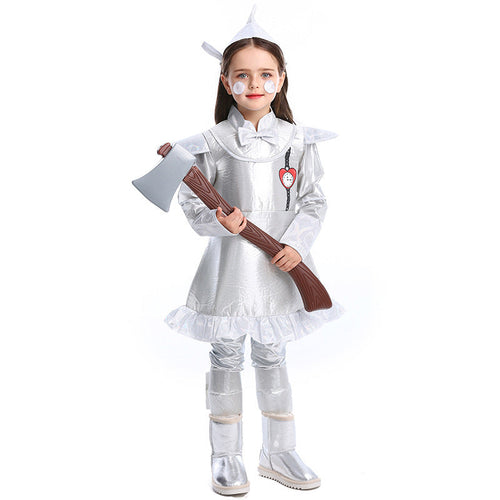 Girls silver woodsman Halloween costume dress with heart appliqué and ruffled hem