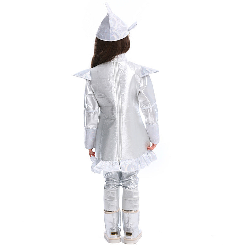 Girls silver woodsman Halloween costume dress with heart appliqué and ruffled hem - view 2