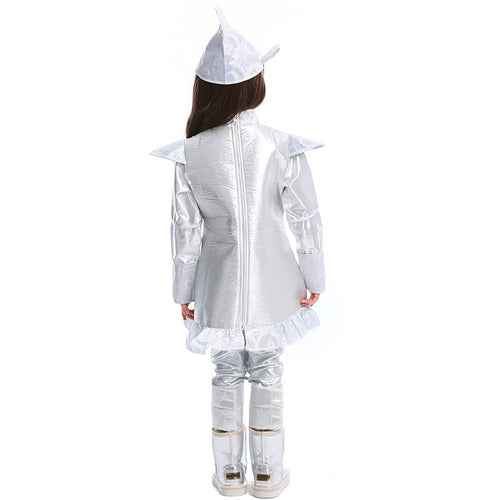 Girls silver woodsman Halloween costume dress with heart appliqué and ruffled hem - view 2