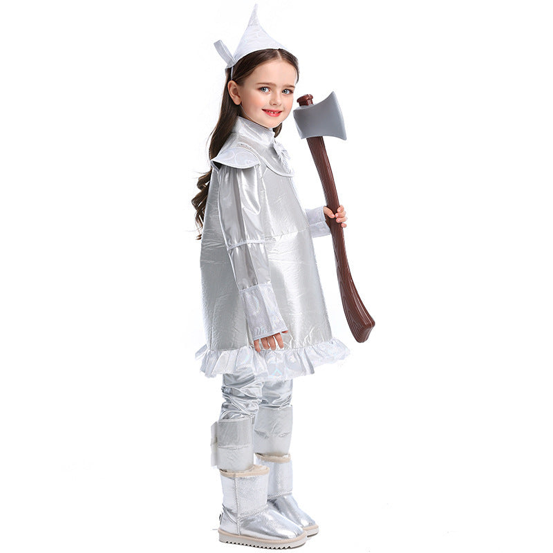 Girls silver woodsman Halloween costume dress with heart appliqué and ruffled hem - view 3