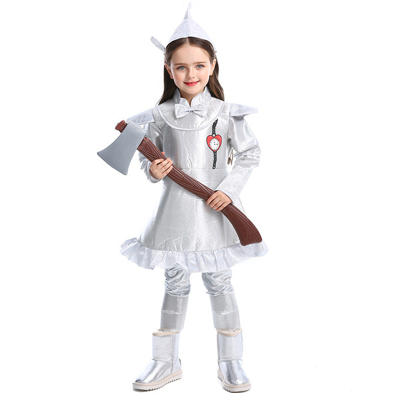 Girls silver woodsman Halloween costume dress with heart appliqué and ruffled hem - view 4