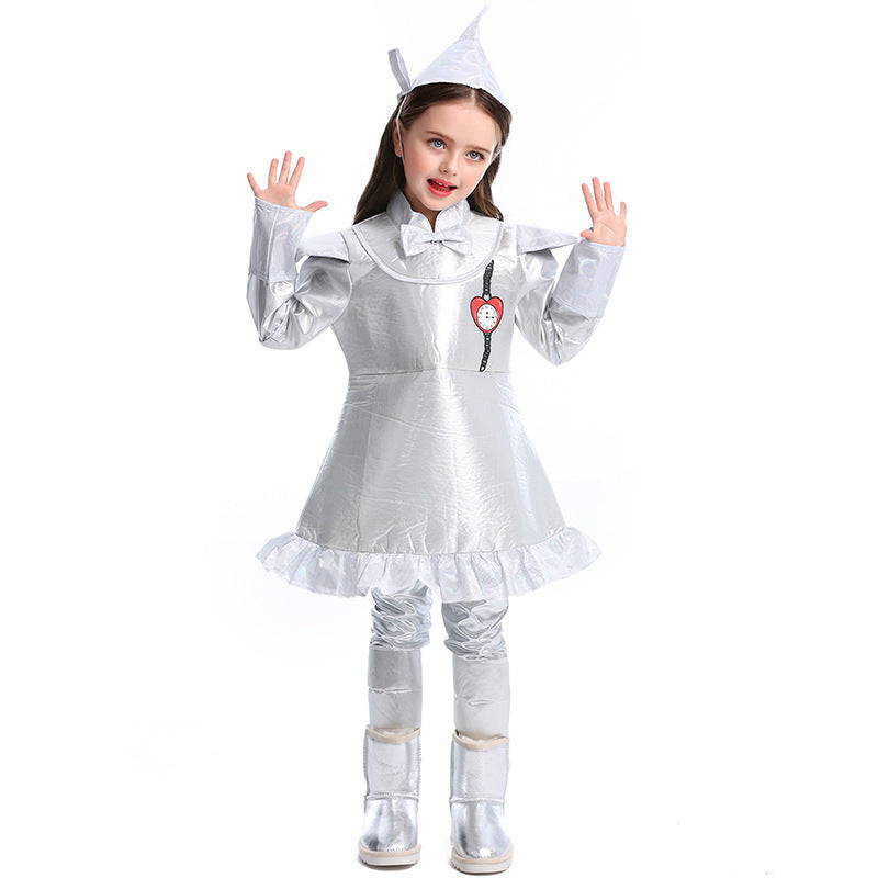 Girls silver woodsman Halloween costume dress with heart appliqué and ruffled hem - view 5