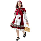 Girl wearing red storybook Halloween costume with hooded capelet, white apron and plaid ruffle hem