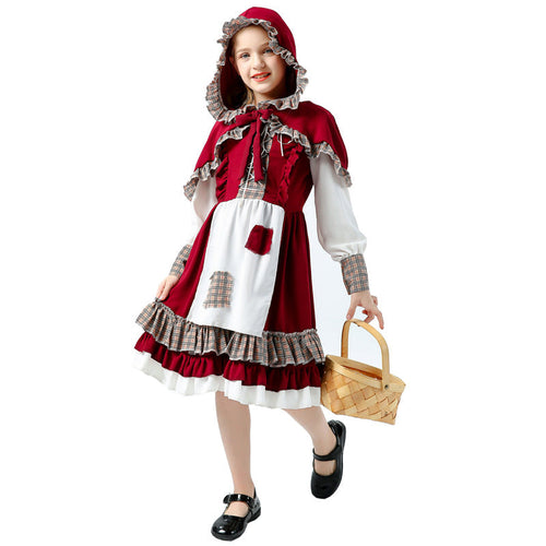 Girl wearing red storybook Halloween costume with hooded capelet, white apron and plaid ruffle hem