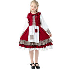 Girl wearing red storybook Halloween costume with hooded capelet, white apron and plaid ruffle hem - view 3