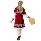 Girl wearing red storybook Halloween costume with hooded capelet, white apron and plaid ruffle hem - view 4