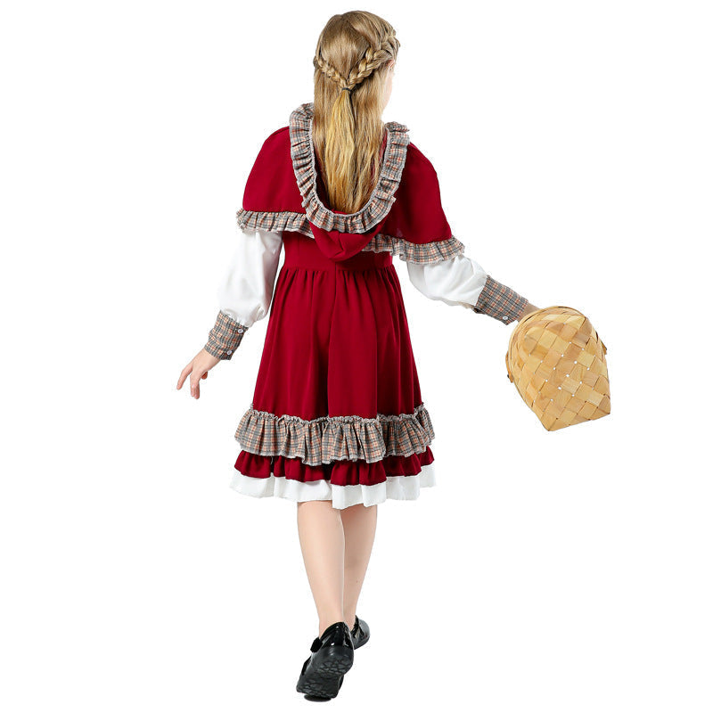 Girl wearing red storybook Halloween costume with hooded capelet, white apron and plaid ruffle hem - view 4