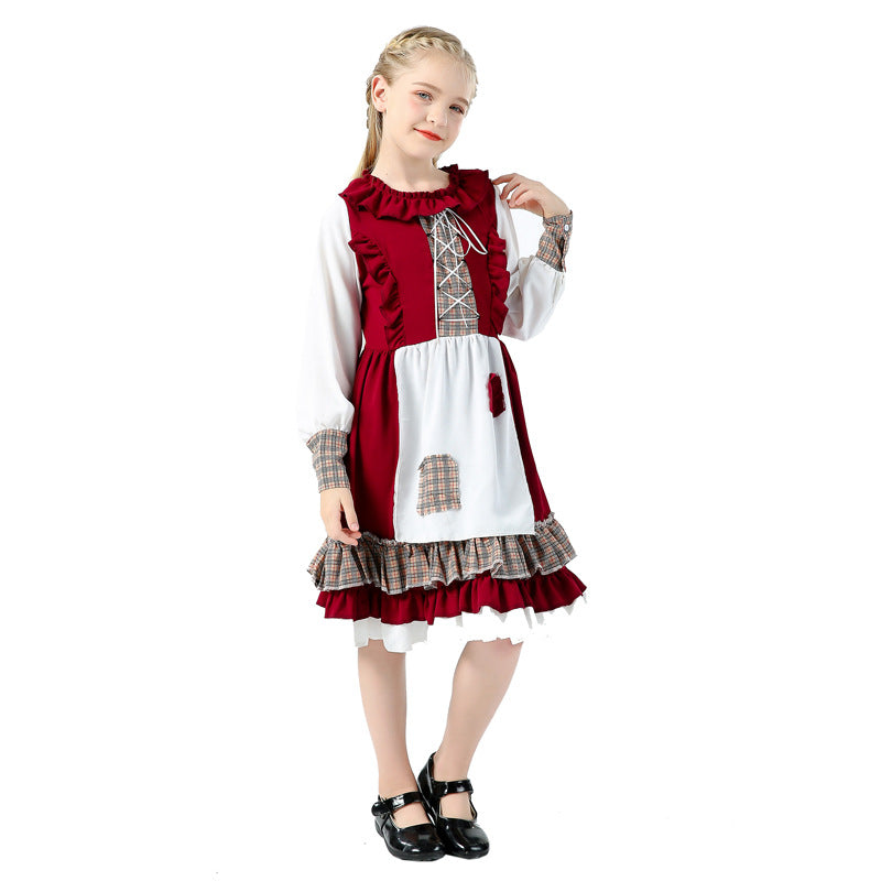 Girl wearing red storybook Halloween costume with hooded capelet, white apron and plaid ruffle hem - view 5