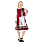 Girl wearing red storybook Halloween costume with hooded capelet, white apron and plaid ruffle hem - view 5