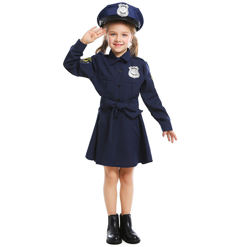 Girls navy police costume dress with self-tie sash, silver badge and matching peaked hat