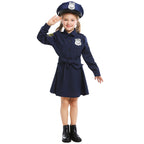 Girls navy police costume dress with self-tie sash, silver badge and matching peaked hat