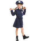 Girls navy police costume dress with self-tie sash, silver badge and matching peaked hat - view 2