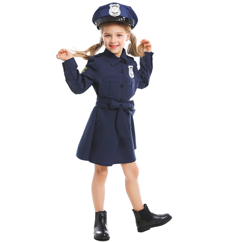 Girls navy police costume dress with self-tie sash, silver badge and matching peaked hat - view 2