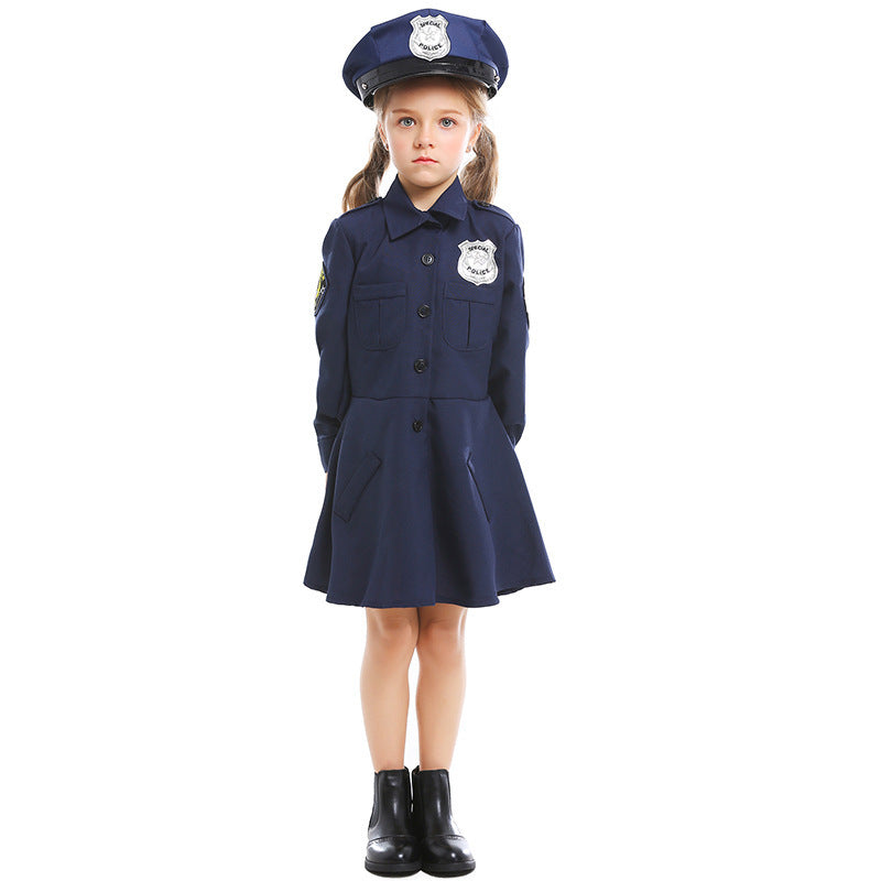 Girls navy police costume dress with self-tie sash, silver badge and matching peaked hat - view 3