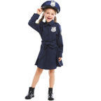 Girls navy police costume dress with self-tie sash, silver badge and matching peaked hat - view 5