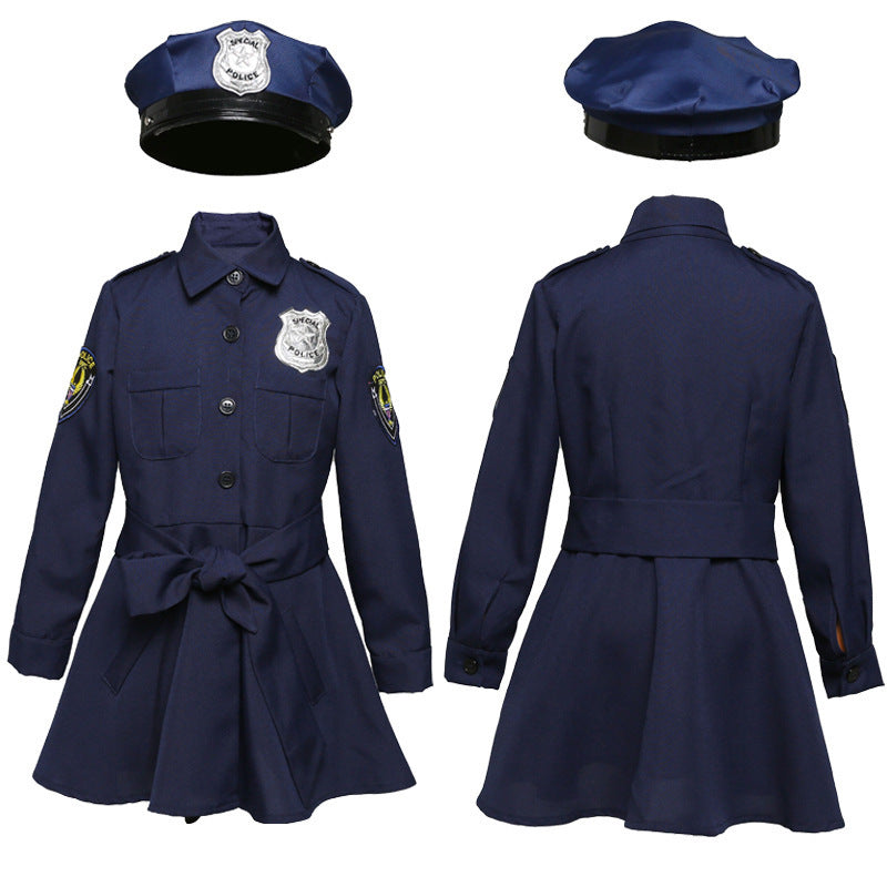 Girls navy police costume dress with self-tie sash, silver badge and matching peaked hat - view 6