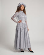 Women's gray ghost bride Halloween costume with skull lace capelet, tulle maxi skirt and matching headpiece