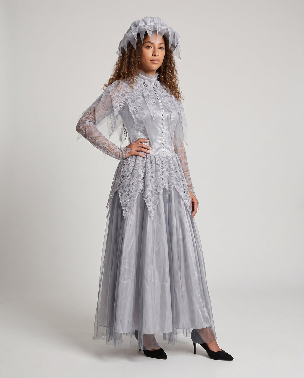 Women's gray ghost bride Halloween costume with skull lace capelet, tulle maxi skirt and matching headpiece