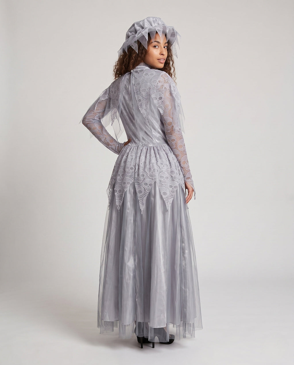 Women's gray ghost bride Halloween costume with skull lace capelet, tulle maxi skirt and matching headpiece - view 3