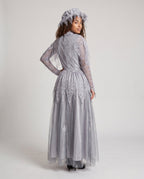 Women's gray ghost bride Halloween costume with skull lace capelet, tulle maxi skirt and matching headpiece - view 3
