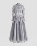 Women's gray ghost bride Halloween costume with skull lace capelet, tulle maxi skirt and matching headpiece - view 4