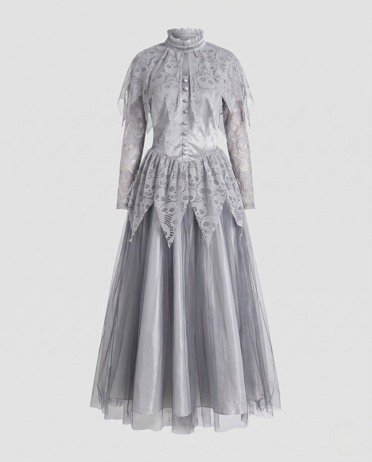 Women's gray ghost bride Halloween costume with skull lace capelet, tulle maxi skirt and matching headpiece - view 4