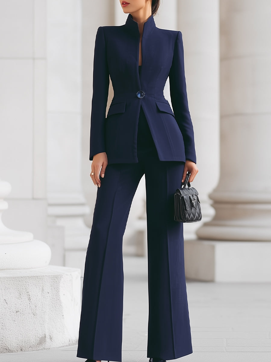 Longline stand-collar blazer with matching wide-leg trousers