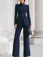 Longline stand-collar blazer with matching wide-leg trousers