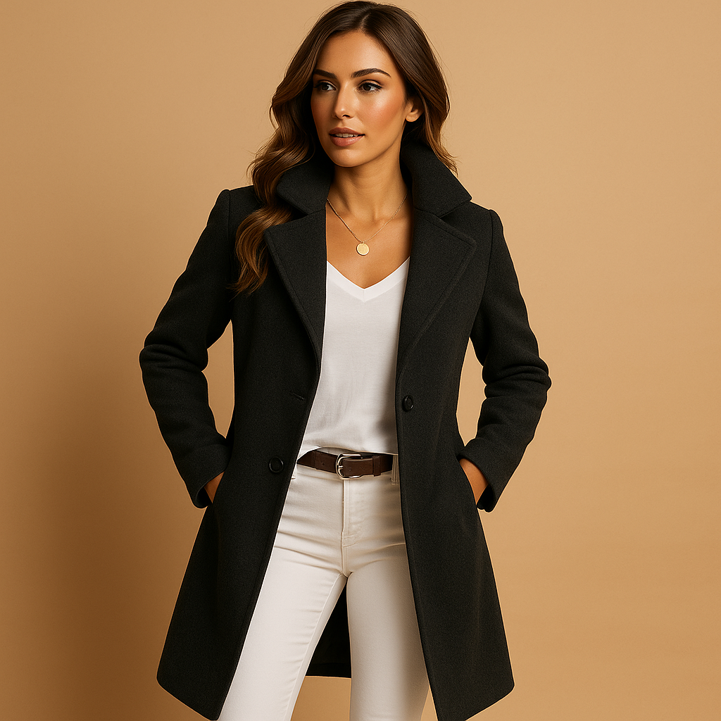 Tailored notch lapel women's winter coat in knee length, styled with white jeans
