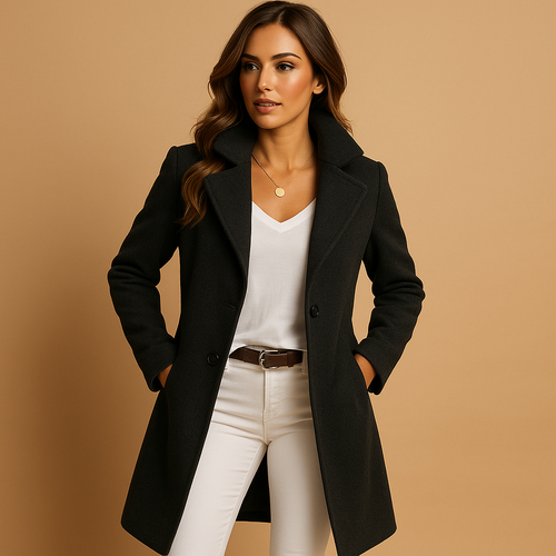 Tailored notch lapel women's winter coat in knee length, styled with white jeans