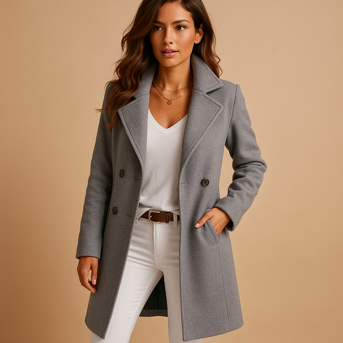 Tailored notch lapel women's winter coat in knee length, styled with white jeans - view 2