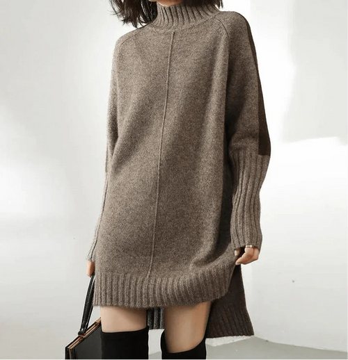 Oversized turtleneck sweater dress with contrast stripe raglan sleeves and ribbed high-low hem