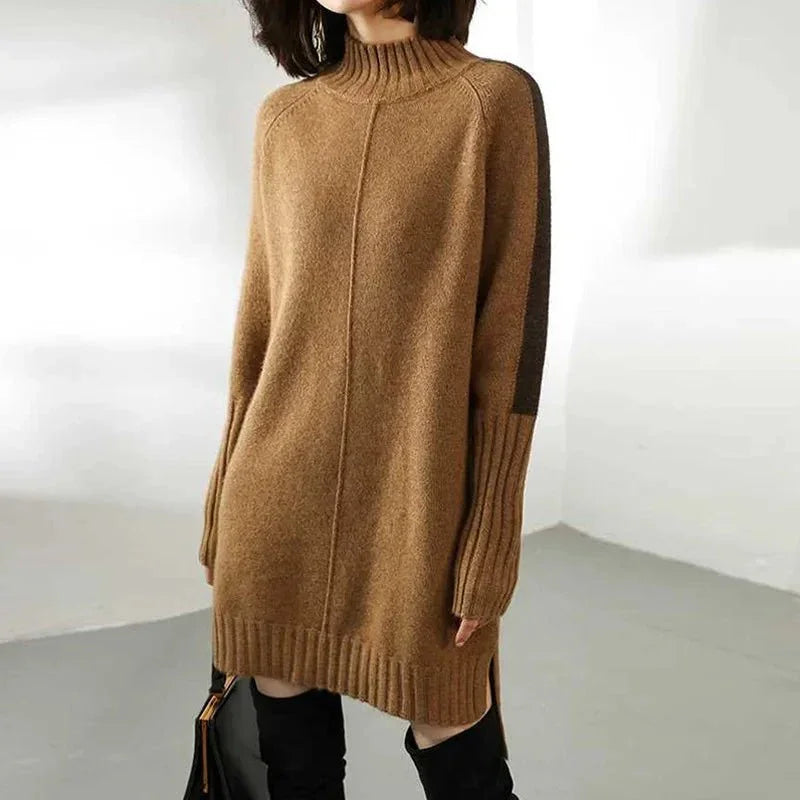 Oversized turtleneck sweater dress with contrast stripe raglan sleeves and ribbed high-low hem - view 2
