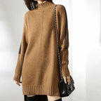 Oversized turtleneck sweater dress with contrast stripe raglan sleeves and ribbed high-low hem - view 3