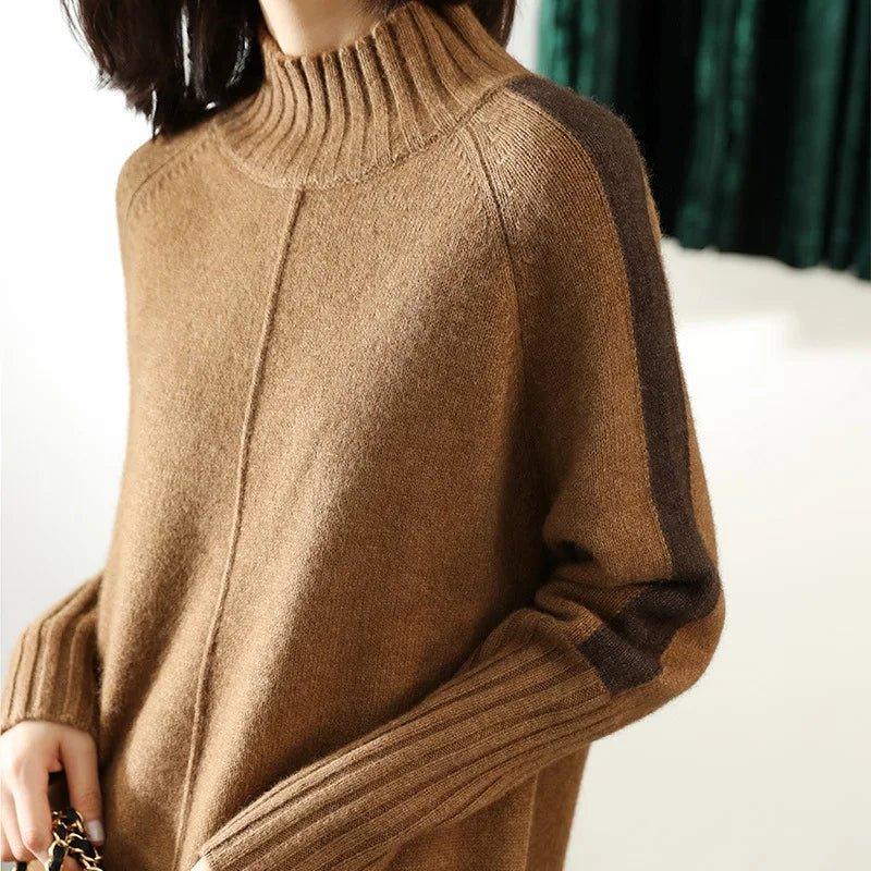 Oversized turtleneck sweater dress with contrast stripe raglan sleeves and ribbed high-low hem - view 4
