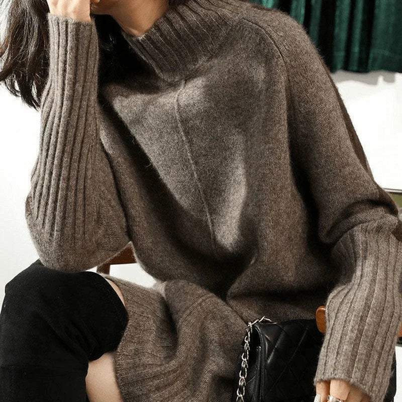 Oversized turtleneck sweater dress with contrast stripe raglan sleeves and ribbed high-low hem - view 5